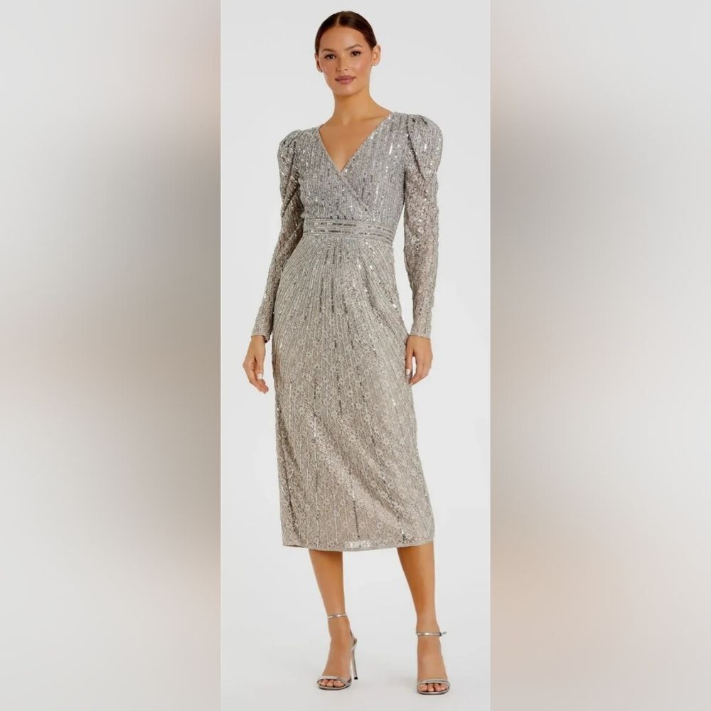 Mac Duggal 93676 Beaded Lace Long Sleeve Midi Dress Nwt Size 6 Taupe